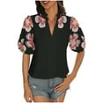 thumbnail image 1 of Puff Sleeve Tops Womens Embroidered Flower Pattern Short Sleeve V Neck Dressy Casual Shirt Summer Boho Clothes (M, Black), 1 of 7