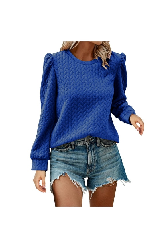 Puff Sleeve Tops for Women Round Neck Full Size Pullover Sweaters Plain Casual Loose Loungewear Leisure Blouses (S, Blue)