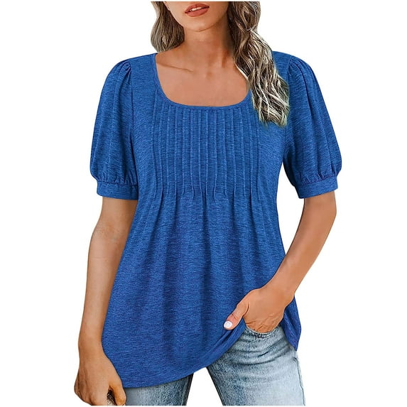 Puff Sleeve Tops for Women Summer Square Neck Pleated Front Dressy Casual Tee Shirts Tshirt Cute Tunic Blouses (Medium, Blue)