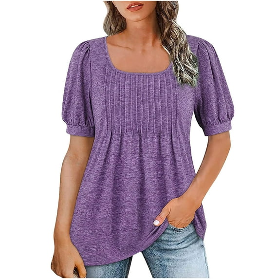 Puff Sleeve Tops for Women Summer Square Neck Pleated Front Dressy Casual Tee Shirts Tshirt Cute Tunic Blouses (Medium, Purple)