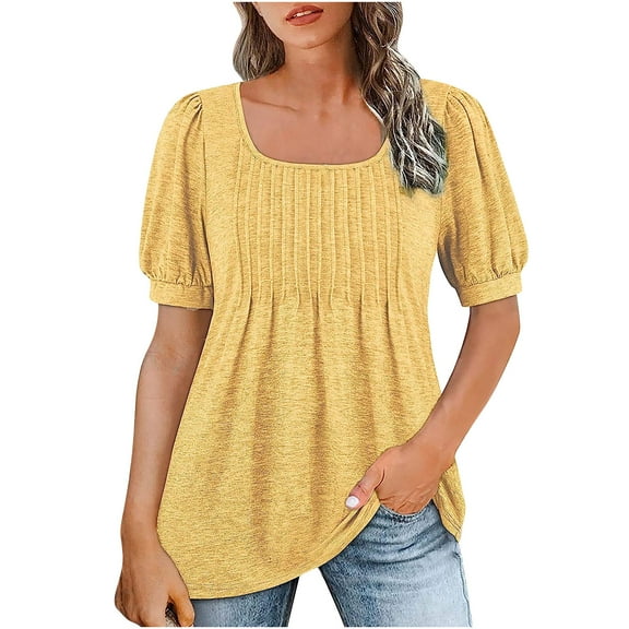 Puff Sleeve Tops for Women Summer Square Neck Pleated Front Dressy Casual Tee Shirts Tshirt Cute Tunic Blouses (X-Large, Yellow)