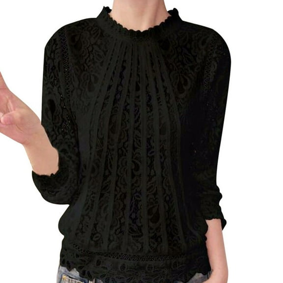 Puff Sleeve Tops for Women V Neck Crochet Lace Sheer Shirts Short Sleeve T-Shirts Cute Casual Loose Soft Tunic Blouse