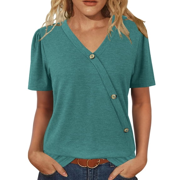 Puff Sleeve V-Neck Blouse - Women's Casual Summer Top (Pink/Hot Pink/Purple, S-XXL) | Yubnlvae | Womens Tops Casual Short Sleeve V Neck Shirts Puff Sleeve Tshirts (Mint Green | M)