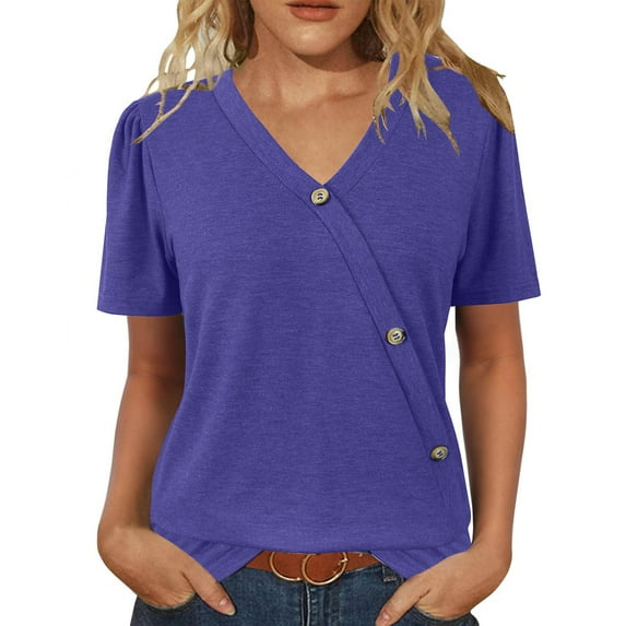 Puff Sleeve V-Neck Blouse - Women's Casual Summer Top (Pink/Hot Pink/Purple, S-XXL) | Yubnlvae | Womens Tops Casual Short Sleeve V Neck Shirts Puff Sleeve Tshirts (Blue | XXL)
