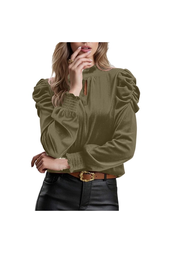 Puff Sleeve Velvet Tops Womens Pleated Long Sleeve Elegant Blouses Dressy Casual Keyhole Mock Neck Party Shirt (M, Green A)