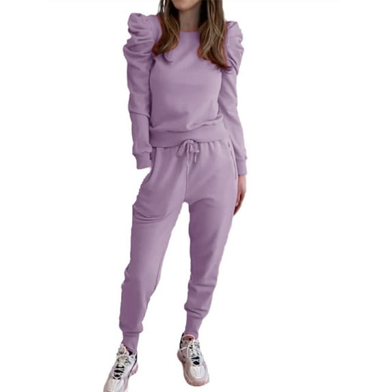 Puff Sleeved Women Sport 2 Pieces Sets Long Sleeve Sweatshirt & Pants Suit