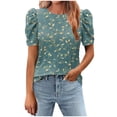 thumbnail image 1 of Puff Tops for Women Printed Round Neck Short Sleeve T-Shirt Puff Sleeve Blouses Loose Top, 1 of 7