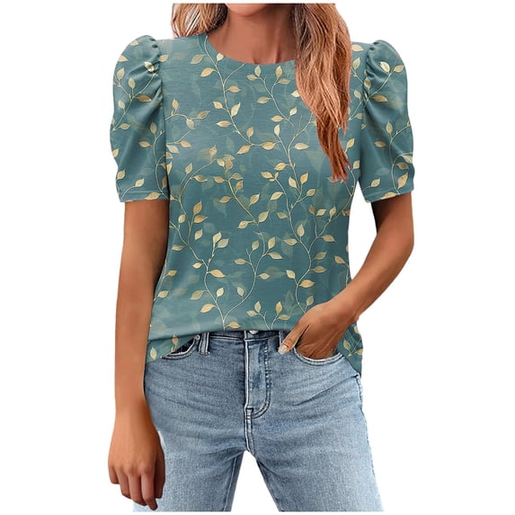 Puff Tops for Women Printed Round Neck Short Sleeve T-Shirt Puff Sleeve Blouses Loose Top