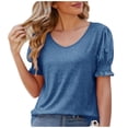 thumbnail image 1 of Puff Tops for Women Spring Summer Solid Color Fashion Casual Loose V Neck Short Sleeve Top, 1 of 5