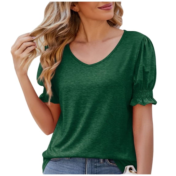 Puff Tops for Women Spring Summer Solid Color Fashion Casual Loose V Neck Short Sleeve Top