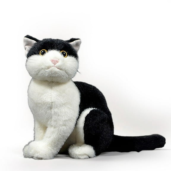 PuffPurrs Lifelike Tuxedo Cat Plush Toy, Realistic Black and white cat Teddy Stuffed Animal, Cute Pink Nose Pillow Toy Gift, 23 CM/9 In