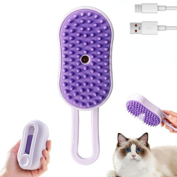 Puffease Spritz Defur Comb, Spritz Defur Comb for Cats/Dogs, Cat Spritz Defur Comb, Pet Spray Hair Removal Comb, 3 in 1 Pet Steam Brush for Removing Tangled and Loosse Hair (Purple)