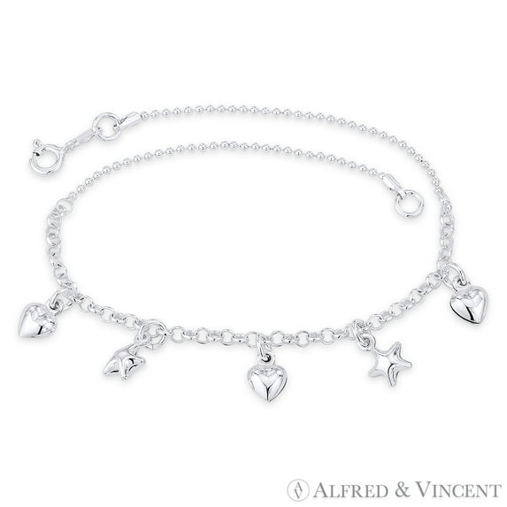 Puffed Heart & Star, 1.4mm Ball Bead, & 3mm Rolo Cable Link Chain Italian Charm Anklet in .925 Sterling Silver