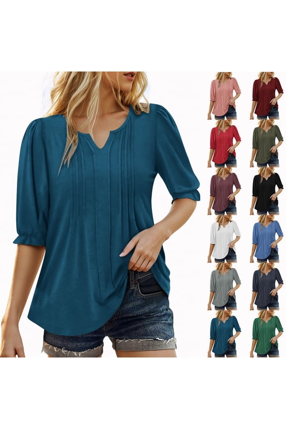 Puffed Sleeves T Shirts for Women V Neck Half Sleeve Tee Summer Lightweight Ladies Top Red S