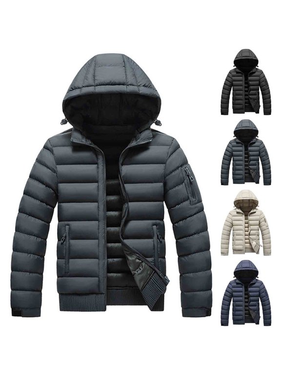 Puffer Coat for Men Slim Fit Quilted Puffer Jacket with Detachable Hood Water Resistant Windproof Zip Up Lightweight Winter Coat Ribbed Hem Insulated Casual Outerwear Colors Available