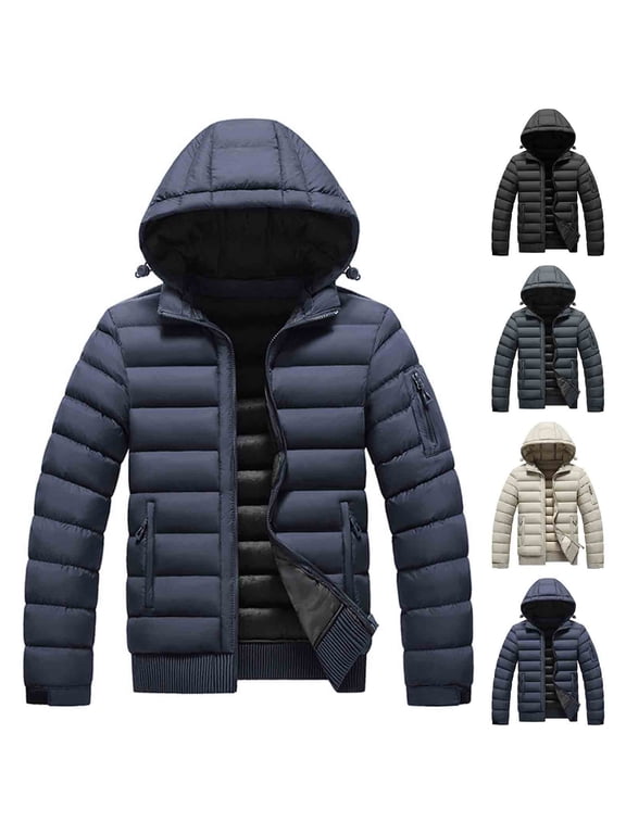 Puffer Coat for Men Slim Fit Quilted Puffer Jacket with Detachable Hood Water Resistant Windproof Zip Up Lightweight Winter Coat Ribbed Hem Insulated Casual Outerwear Colors Available