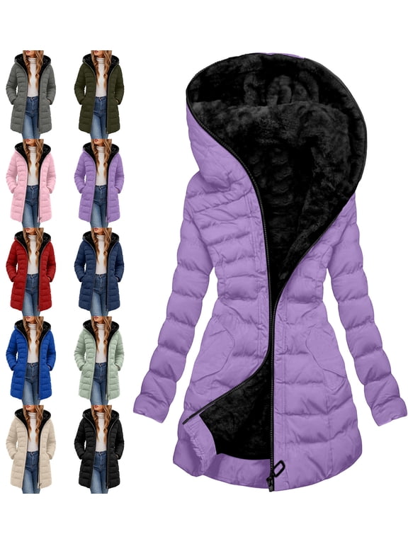 Puffer Coat for Women Hooded Quilted Parka Fleece Lined Long Winter with Zipper & Pockets