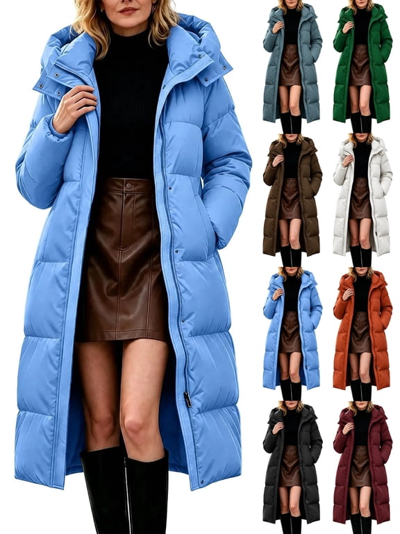 Puffer Coat for Women Winter Long Fleece Warm Quilted Parka Jacket,Full Zip Hooded Coat with Pocket,Windproof Thick Cold Weather Jacket