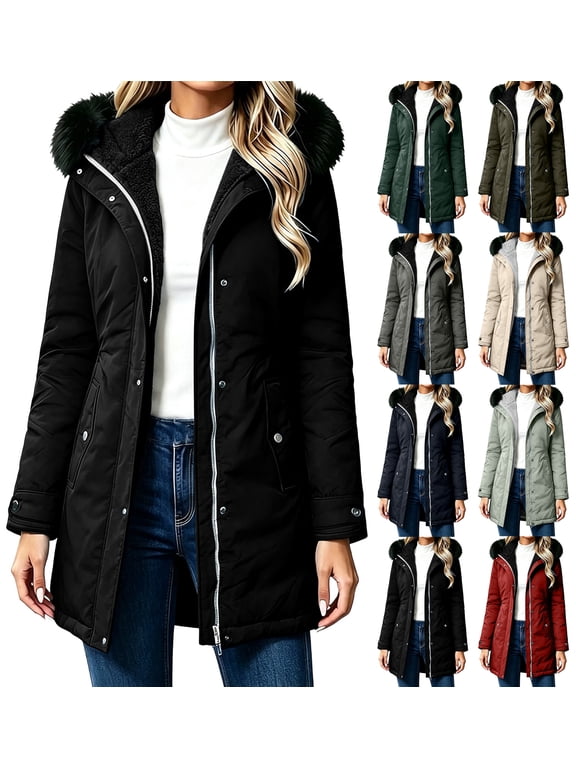 Puffer Coat for Women Winter Mid-Length Fleece Lined Warm Parka Jacket,Full Zip Hooded Coat with Pocket,Windproof Thick Cold Weather Jacket