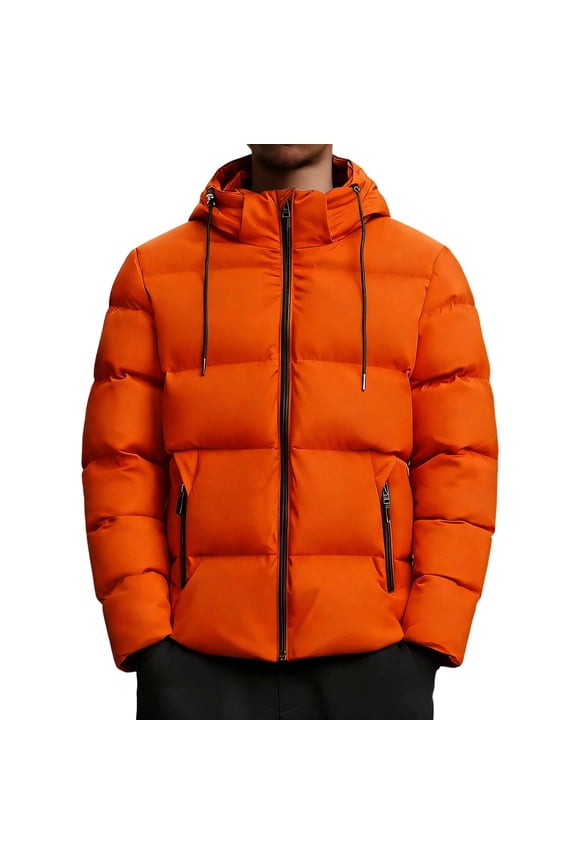 Puffer Coats for Men Drawstring Hooded Warm Cotton Down Jacket with Pockets Long Sleeve Winter Quilted Outerwear (2XL, Orange)