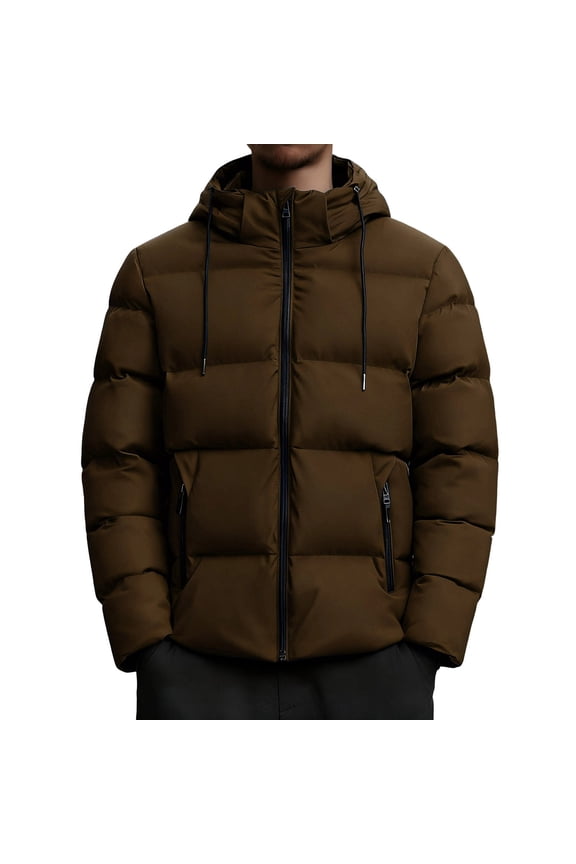 Puffer Coats for Men Drawstring Hooded Warm Cotton Down Jacket with Pockets Long Sleeve Winter Quilted Outerwear (3XL, Brown)