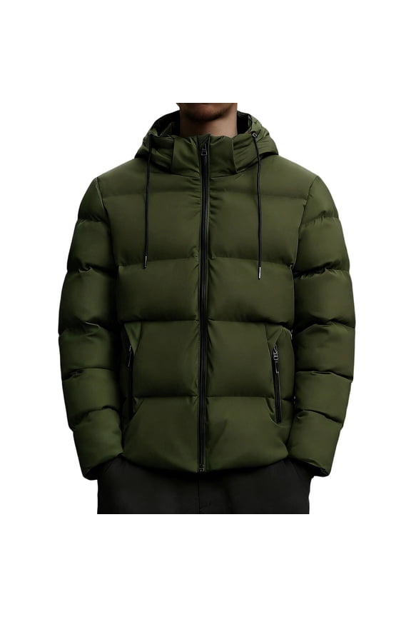 Puffer Coats for Men Drawstring Hooded Warm Cotton Down Jacket with Pockets Long Sleeve Winter Quilted Outerwear (XL, Green)