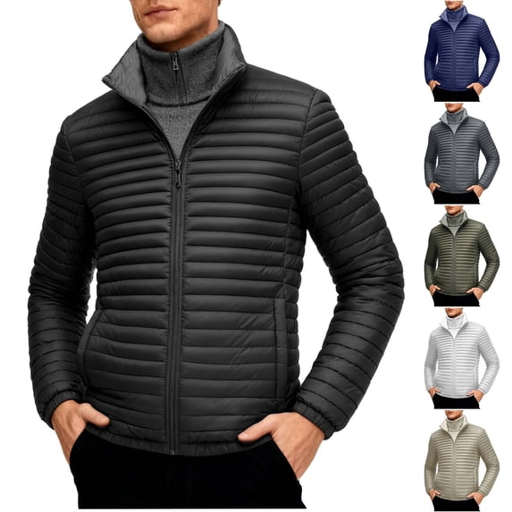 Puffer Coats for Men Packable Lightweight Quilted Puffer Jacket Slim Fit Stand Collar Zip Up Windproof Insulated Travel Winter Coat