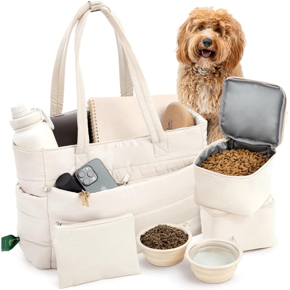 Rubyloo Dog Travel Bag for Supplies, Puffer Dog Tote with Pet Bowls and Food Storage, Lightweight Portable Pet Travel Bag for Dog Owners, Beige