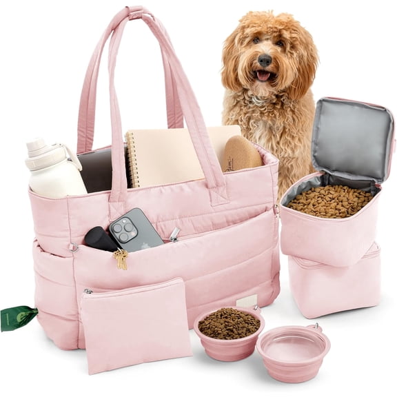 Rubyloo Puffer Tote Dog Bag with Pet Bowls and Food Storage, Dog Travel Bag for Supplies, Dog Diaper Bag, Gifts for Women and Pet Lovers, Pink