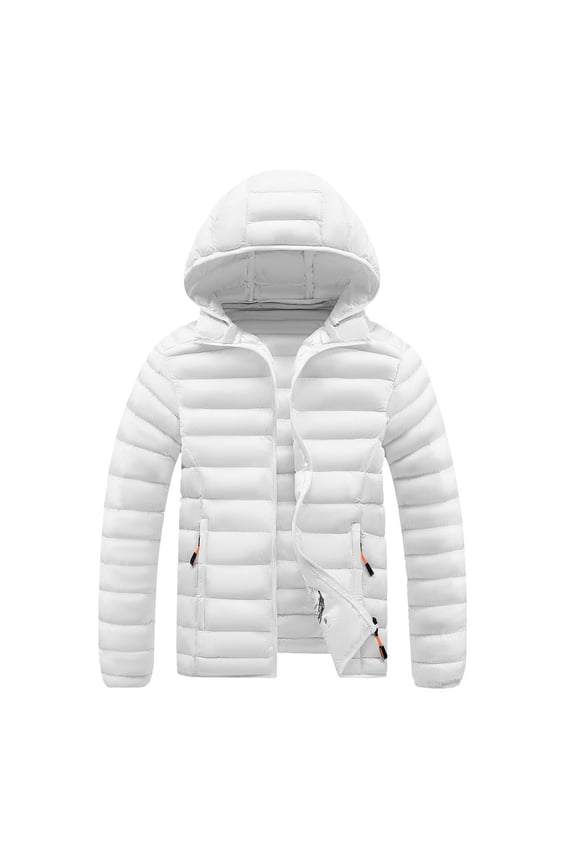 Puffer Down Jacket Mens Mid-weight Quilted Full Zip Up Hoodie Winter Coat Long Sleeve Windproof Outerwear (4XL, White)