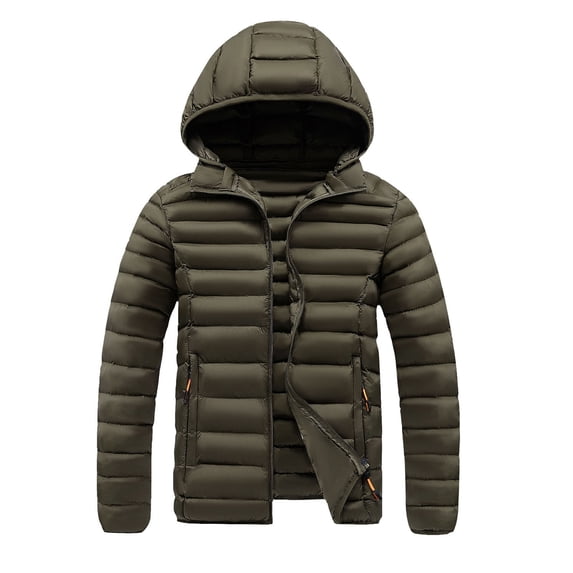 Puffer Down Jacket Mens Mid-weight Quilted Full Zip Up Hoodie Winter Coat Long Sleeve Windproof Outerwear (L, Army Green)