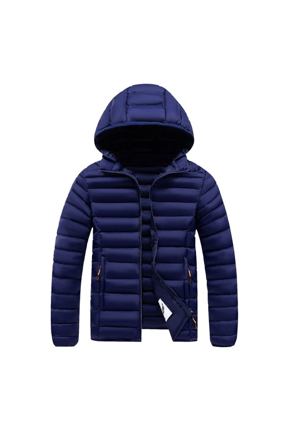Puffer Down Jacket Mens Mid-weight Quilted Full Zip Up Hoodie Winter Coat Long Sleeve Windproof Outerwear (L, Dark Blue)