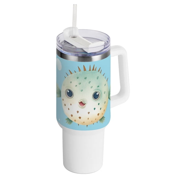 Puffer Fish Bubbles 40 oz Tumbler with Handle InsulatedTravel MugLid Straw Leak Proof Steel Vacuum Water Bottles Glasses Fits in Car Cup Holder
