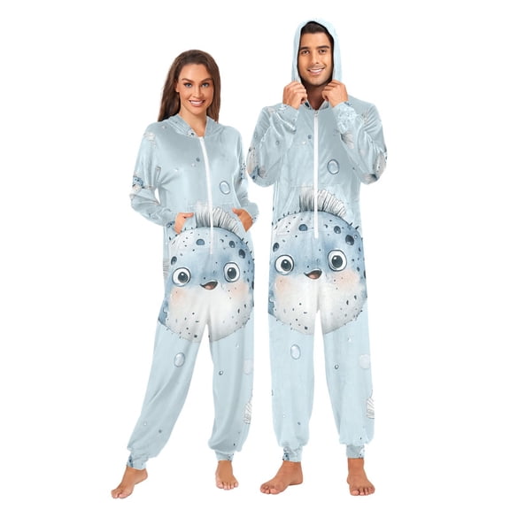 Puffer Fish Bubbles Adult Onesie Pajamas Slim Fit Christmas One Piece Suit Pjs for Women and Men Hooded Zipper