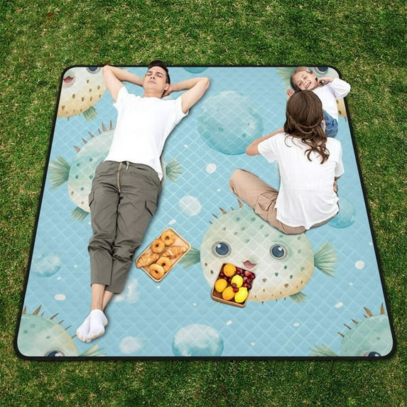 Puffer Fish Bubbles Beach Blanket Outdoor Picnic Blanket 78"x 78" Waterproof Foldable for Beach Camping Travel Hiking Grass Lawn Park