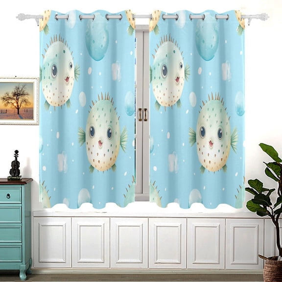 Puffer Fish Bubbles Black Out Curtains Aesthetic for Bedroom Living Room Sliding Glass Doors Kitchen Windows 2 panels set