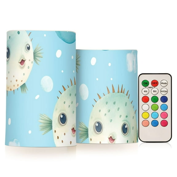 Puffer Fish Bubbles Flameless CandlesLED Lights Battery Operated Candles with Remote and Timers Flicker Lights Votive Set of 2