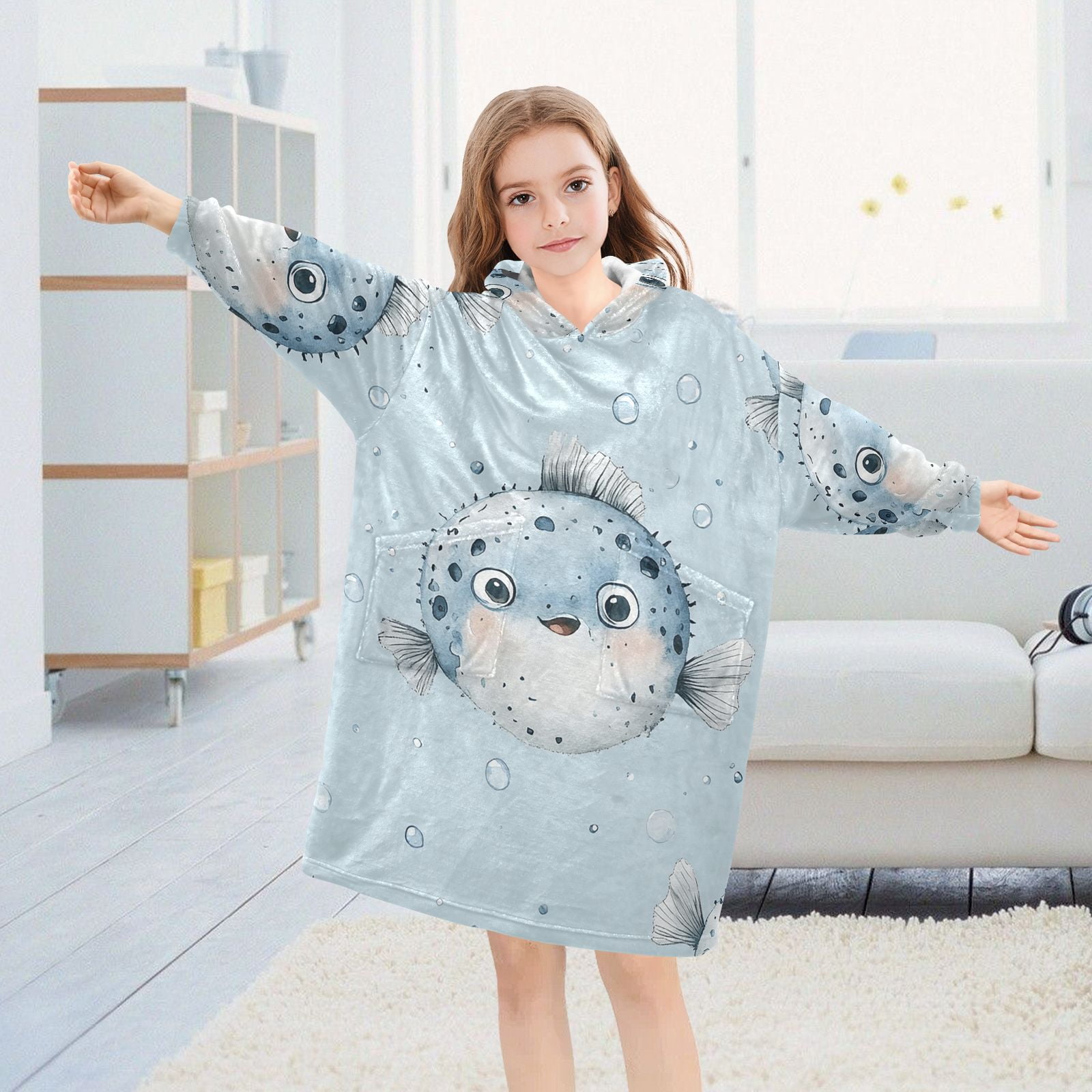 Puffer Fish Bubbles Oversized Wearable Blanket Hoodie Sweatshirt Flannel for Unisex Girls Boys
