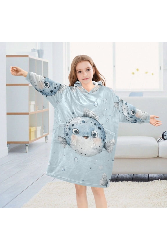 Puffer Fish Bubbles Oversized Wearable Blanket Hoodie Sweatshirt Flannel for Unisex Girls Boys