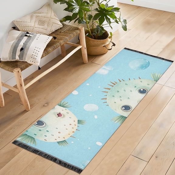 Puffer Fish Bubbles Runner Rug Machine Washable Area Rugs Carpet Non Slip Entryway Mat for Bedroom Entryway Front Door