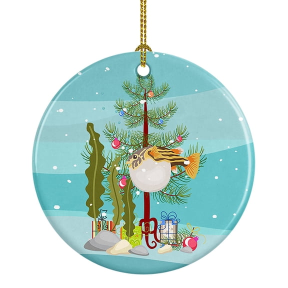 Puffer Fish Merry Christmas Ceramic Ornament 2.8 in x 2.8 in