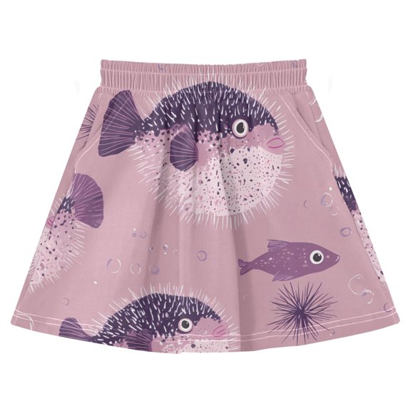 Puffer Fish Pattern Cotton Skirt Built-in Liner Elastic A-Line Flared Skirt with Pockets