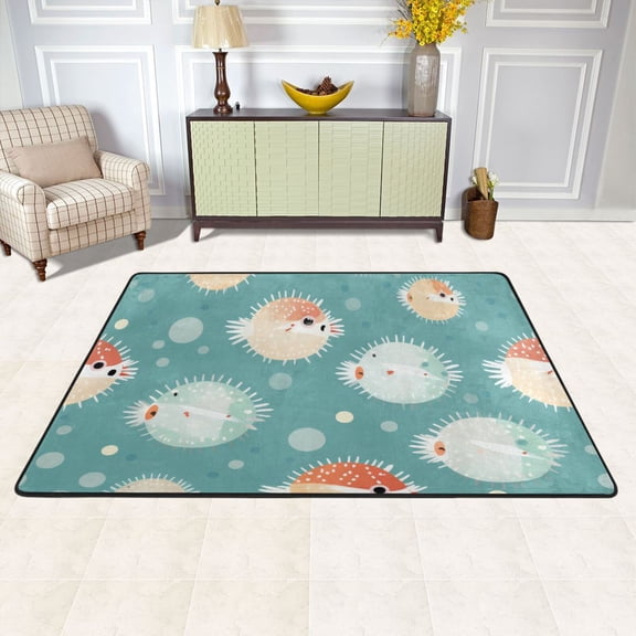 Puffer Fish Spots Green Area Rug Washable 72 x 48 Floor Carpet Mat Non Slip for Bedroom Living Room Kids Room Home Decor