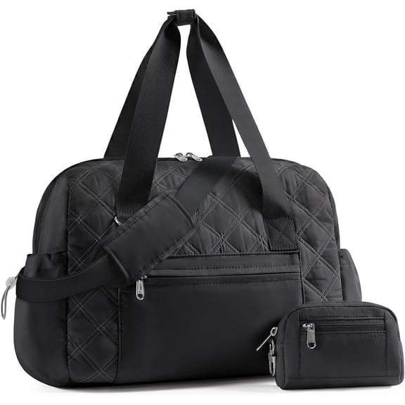 Puffer Gym Bag for Women, Quilted Weekender Bag for Travel, Lightweight Carry on Duffle for Workout Dance Ballet Yoga Gymnastics with Wet Pocket, Black