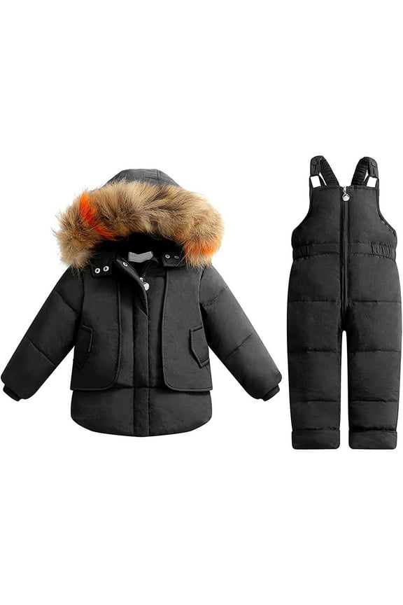 Puffer Jacket 2PC Sets for Kids Hooded Zip Up Soild Color Print Girls Coats with Pockets and Braces Pants 2 Piece Outfits(3 Years 110,Black)