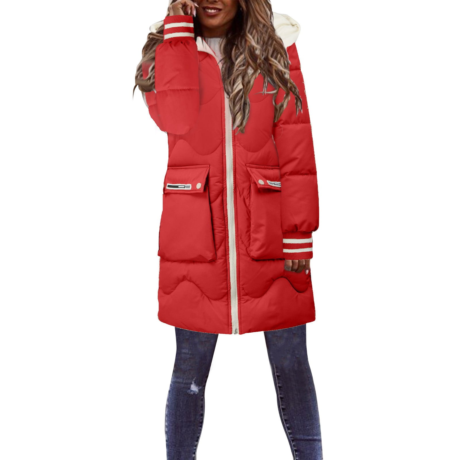 Puffer Jacket For Women Multicolor Medium Long Hooded Cotton Pocket ...