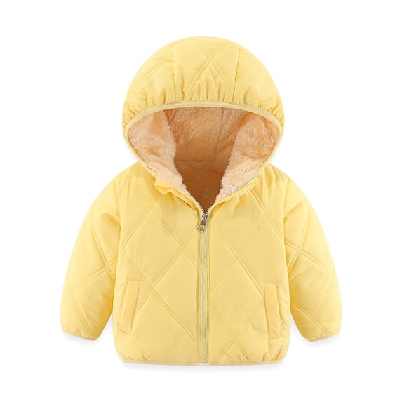 Puffer Jacket for Girl Winter Soild Color Print Full Zip Up Padded Fleece Hooded Cardigan Boys Warm Windproof Quilted Jacket with Pockets(18 Months 100,Yellow)