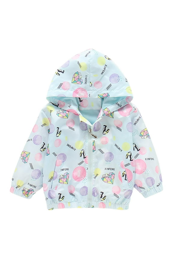 Puffer Jacket Girls Kids Windproof Print Hooded Long Sleeve Zipper Coat Windbreaker Girl Coats Light Blue 18 Months-24 Months
