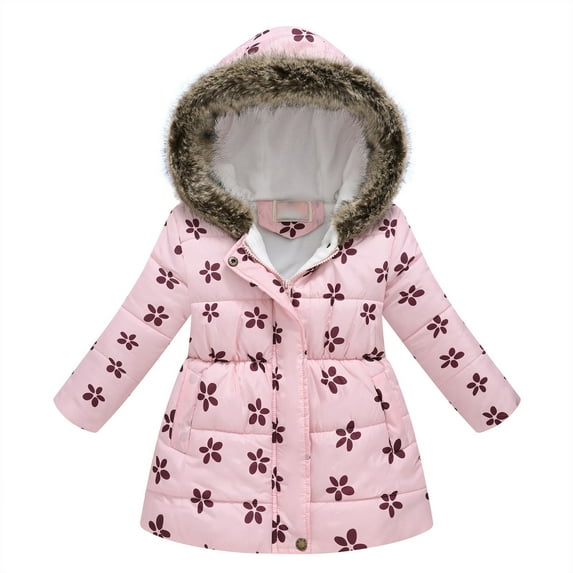 Puffer Jacket Girls Winter Long Parkas Coat with Faux-fur Trim Hood Heavyweight Hooded Overcoat for Cold Weather, Pink 4T