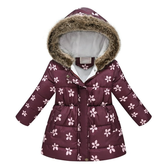 Puffer Jacket Girls Winter Long Parkas Coat with Faux-fur Trim Hood Heavyweight Hooded Overcoat for Cold Weather, Wine 2T